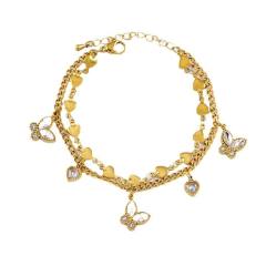 Two layer diamond butterfly clover charm stainless steel bracelet