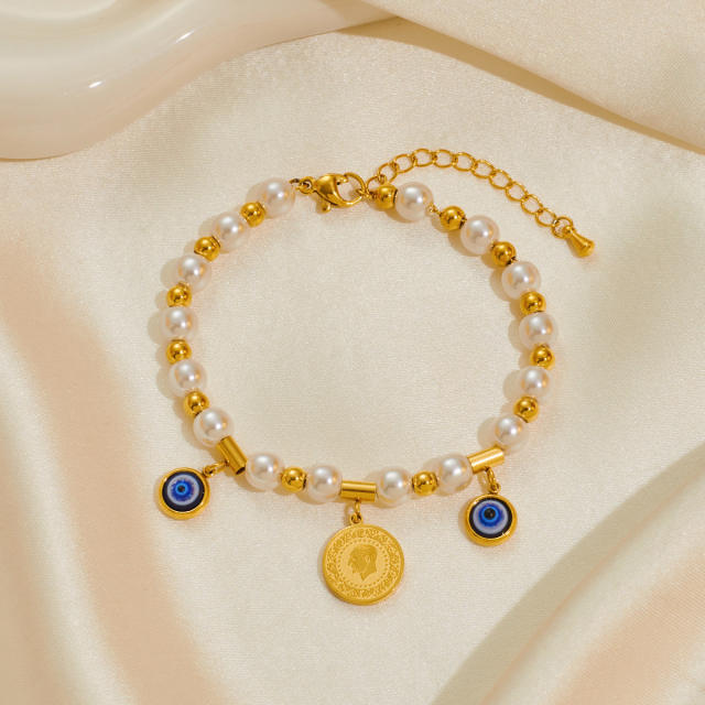 Titanium Steel Bracelet Women's High-end Pearl bead evil eye five petal flower charm bracelet