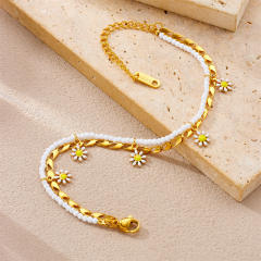 Enamel daisy flower charm two layer bead stainless steel anklet