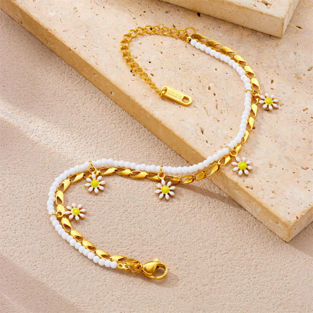 Enamel daisy flower charm two layer bead stainless steel anklet