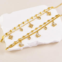 Two layer diamond butterfly clover charm stainless steel bracelet