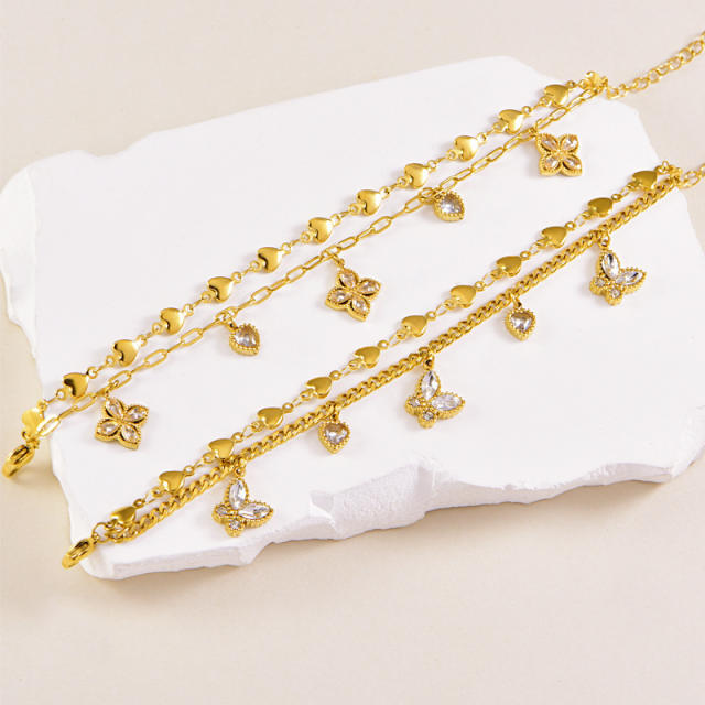 Two layer diamond butterfly clover charm stainless steel bracelet