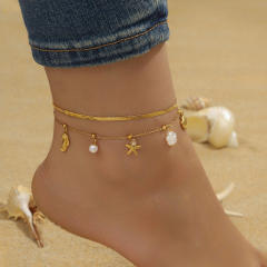 Dimple gold-plated beach style multi-layer stacked marine life pendant shell starfish stainless steel anklet