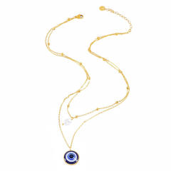 Vintage two layer baroque pearl evil eye pendant stainless steel necklace