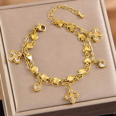 Two layer diamond butterfly clover charm stainless steel bracelet