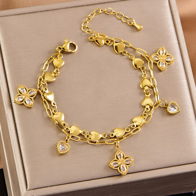 Two layer diamond butterfly clover charm stainless steel bracelet