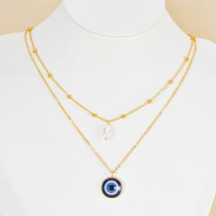 Vintage two layer baroque pearl evil eye pendant stainless steel necklace