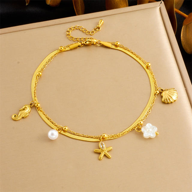 Dimple gold-plated beach style multi-layer stacked marine life pendant shell starfish stainless steel anklet