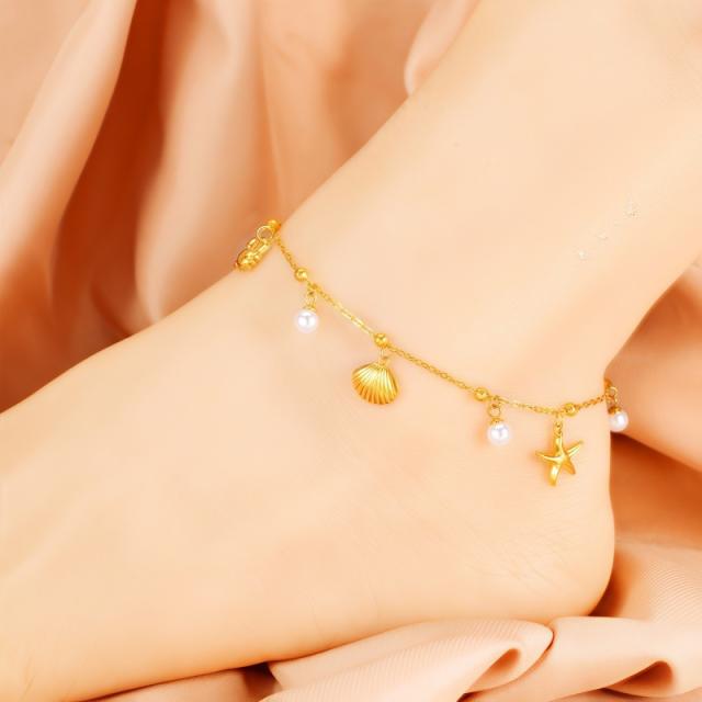 Summer ocean animal series pearl bead charm stainless steel anklet