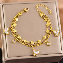 Two layer diamond butterfly clover charm stainless steel bracelet