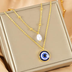 Vintage two layer baroque pearl evil eye pendant stainless steel necklace