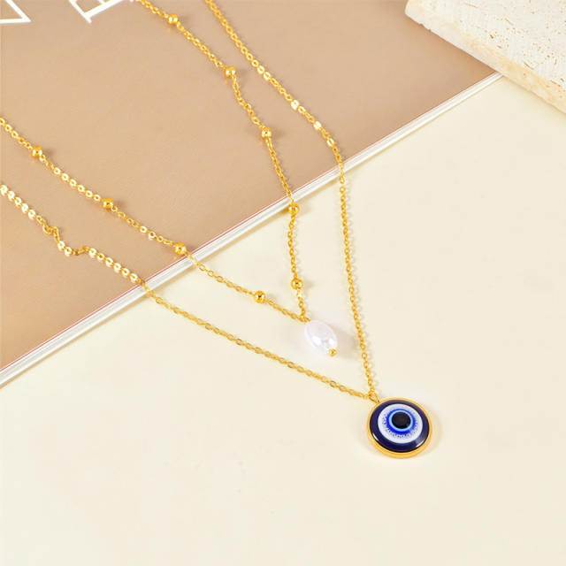 Vintage two layer baroque pearl evil eye pendant stainless steel necklace