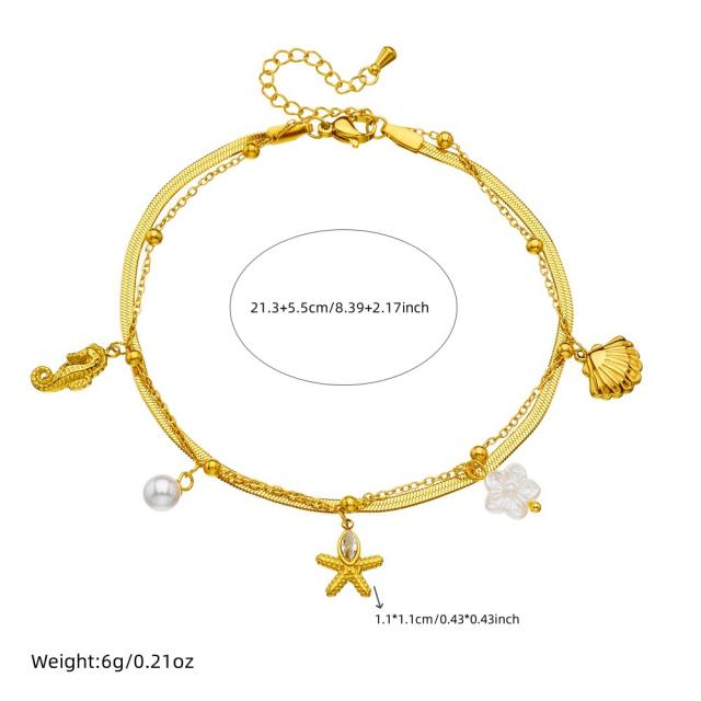 Dimple gold-plated beach style multi-layer stacked marine life pendant shell starfish stainless steel anklet