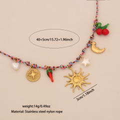 Boho colorful rope chain charm necklace stainless steel necklace