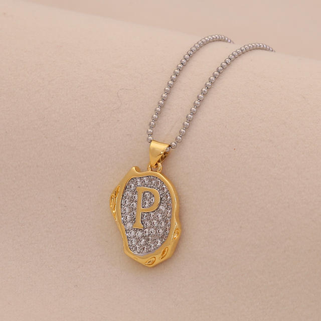 Two tone geometric pendant initial letter pendant copper necklace