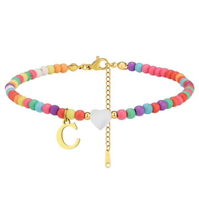 Boho stainless steel initial charm colorful seed bead bracelet