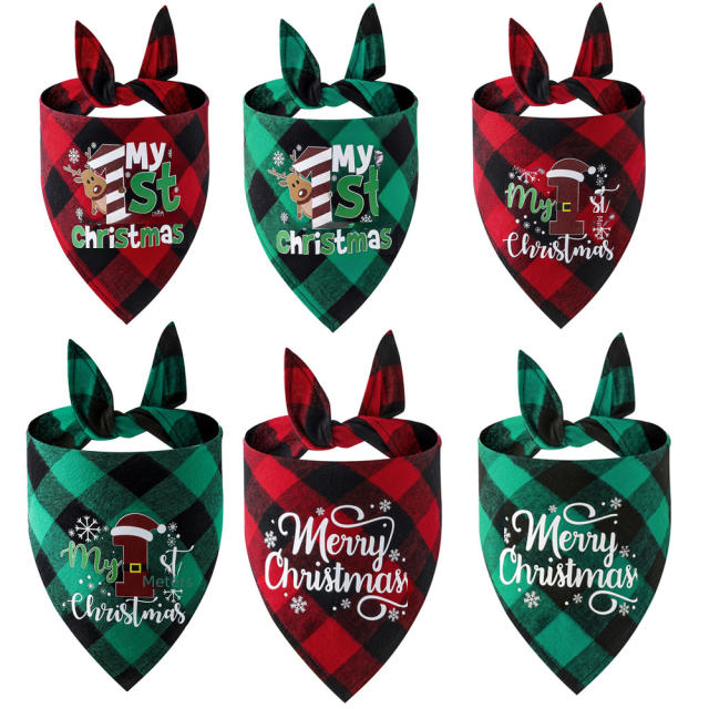 New Christmas pet cotton red black green black plaid pet dog bandana