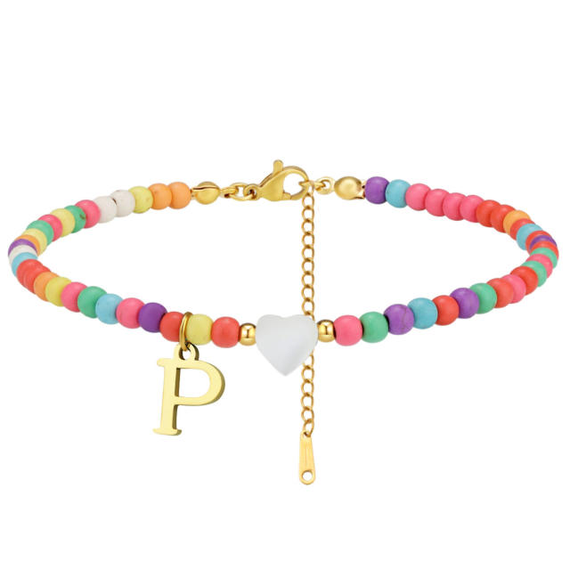 Boho stainless steel initial charm colorful seed bead bracelet