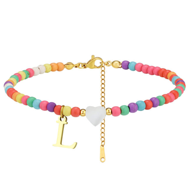 Boho stainless steel initial charm colorful seed bead bracelet