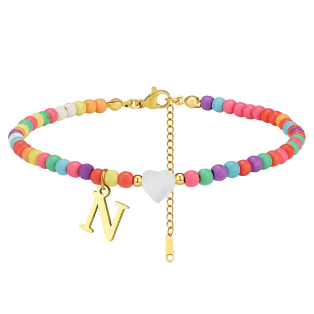 Boho stainless steel initial charm colorful seed bead bracelet
