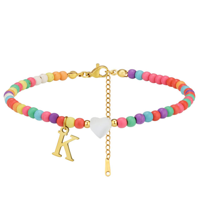 Boho stainless steel initial charm colorful seed bead bracelet
