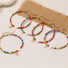 Boho stainless steel initial charm colorful seed bead bracelet