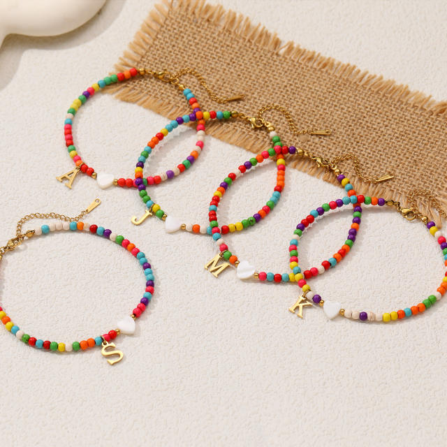 Boho stainless steel initial charm colorful seed bead bracelet