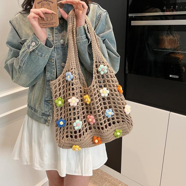 Large Capacity Flower Tote Bag Women's 2025 New Summer Knitted Bag