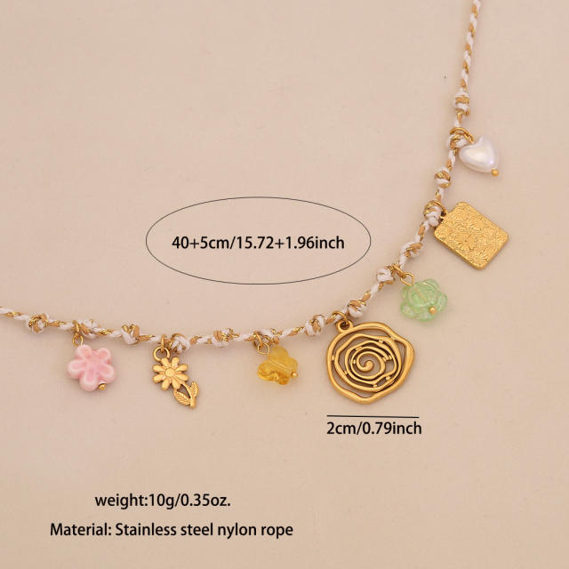 Boho colorful rope chain charm necklace stainless steel necklace
