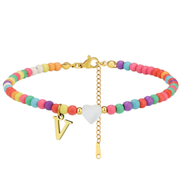 Boho stainless steel initial charm colorful seed bead bracelet