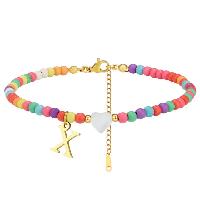 Boho stainless steel initial charm colorful seed bead bracelet