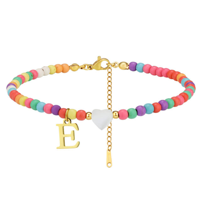 Boho stainless steel initial charm colorful seed bead bracelet