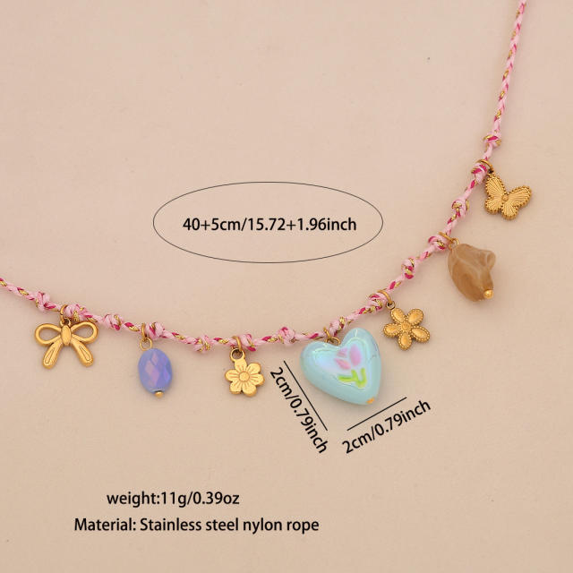 Boho colorful rope chain charm necklace stainless steel necklace