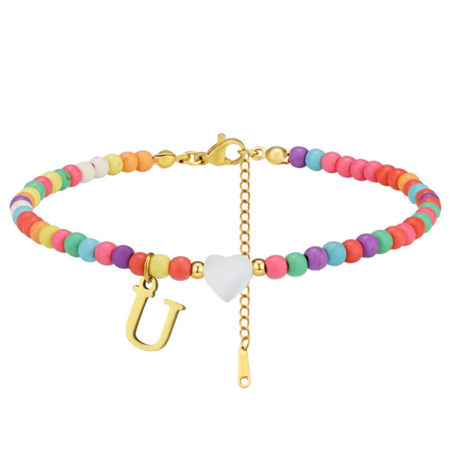 Boho stainless steel initial charm colorful seed bead bracelet