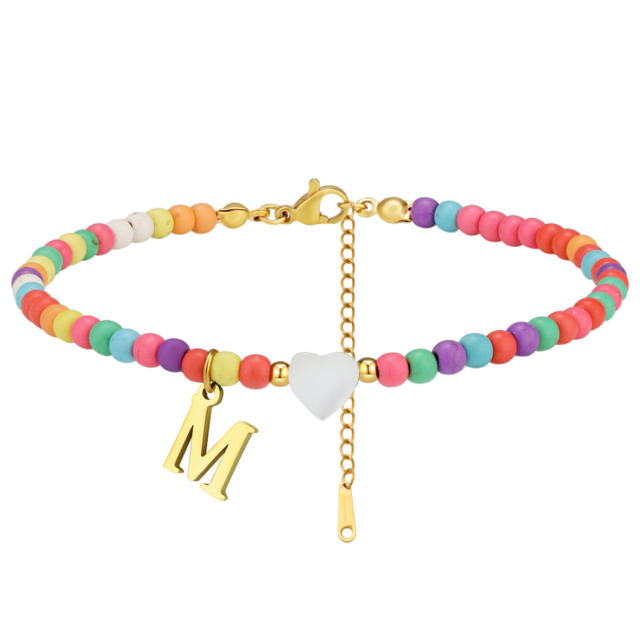 Boho stainless steel initial charm colorful seed bead bracelet
