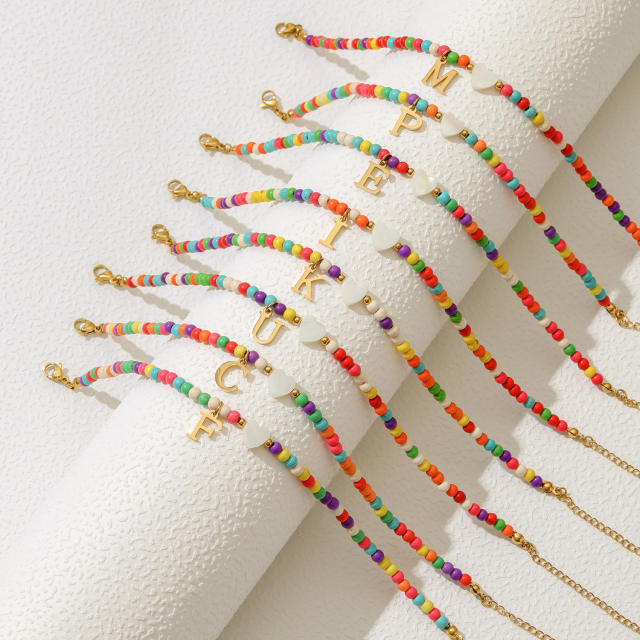 Boho stainless steel initial charm colorful seed bead bracelet