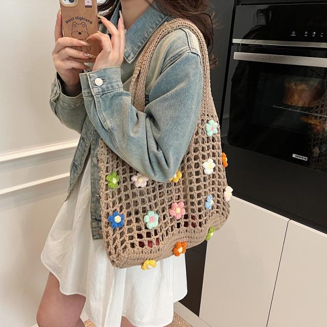 Large Capacity Flower Tote Bag Women's 2025 New Summer Knitted Bag