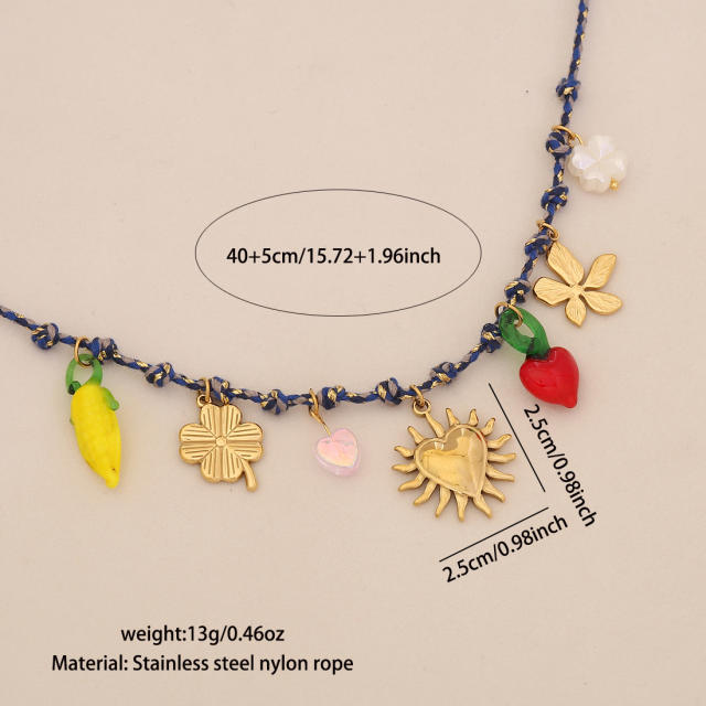 Boho colorful rope chain charm necklace stainless steel necklace