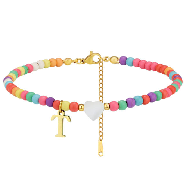 Boho stainless steel initial charm colorful seed bead bracelet
