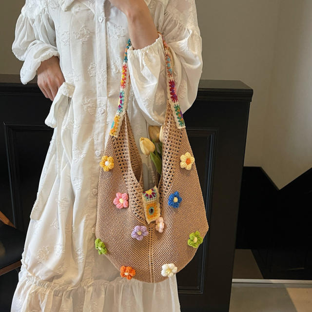 Hollow Woven Bag Women's Large Capacity Summer Straw Bag Seaside Vacation Flower Beach Bag
