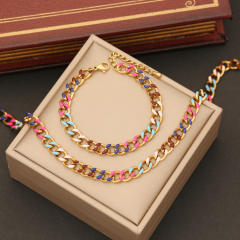 Color drop oil simple cuban link chain stainless steel necklace bracelet suit