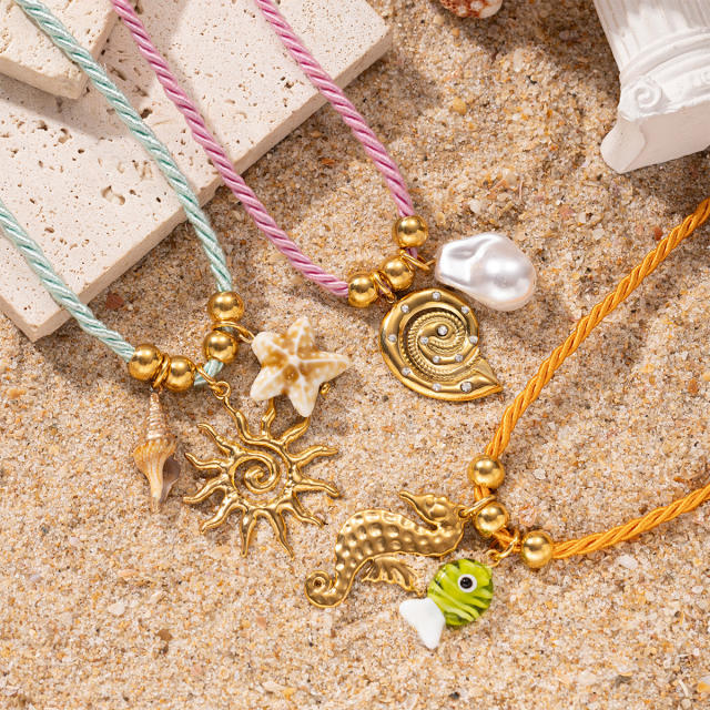Simple Ocean Element stainless steel Shell Colorful Rope Pendant Necklace Jewelry