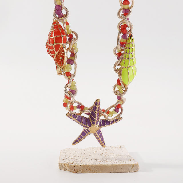Holiday Necklace ZA Alloy Dropping Oil Starfish Shell Exaggerated Beaded Necklace for Women