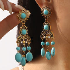 Boho imitation turquoise stone tassel earrings