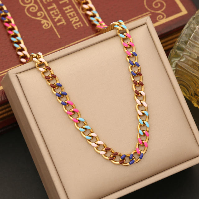 Color drop oil simple cuban link chain stainless steel necklace bracelet suit