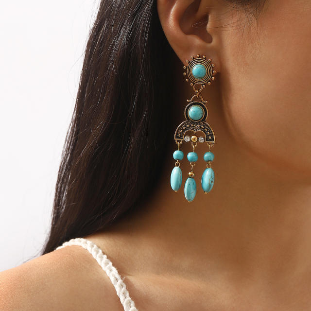 Boho imitation turquoise stone tassel earrings