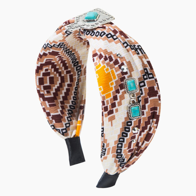 New Ethnic Style Turquoise Wide-Brimmed Headband Printed Fabric Geometric Versatile Hair Accessories