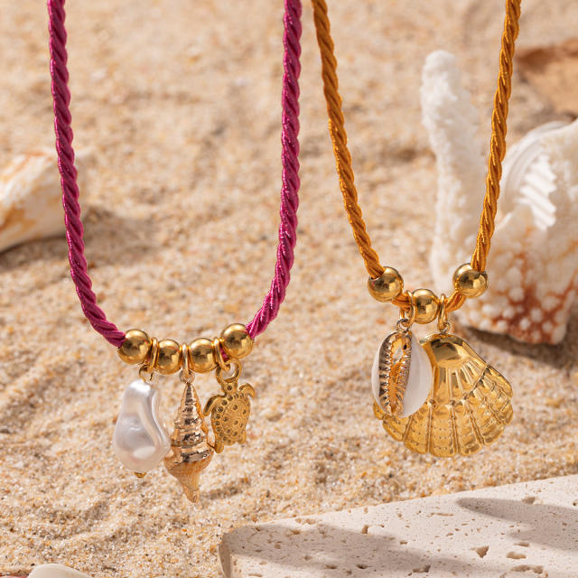 Simple Ocean Element stainless steel Shell Colorful Rope Pendant Necklace Jewelry