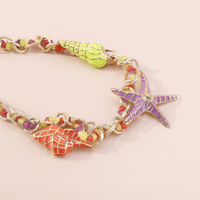 Holiday Necklace ZA Alloy Dropping Oil Starfish Shell Exaggerated Beaded Necklace for Women
