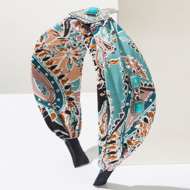 New Ethnic Style Turquoise Wide-Brimmed Headband Printed Fabric Geometric Versatile Hair Accessories